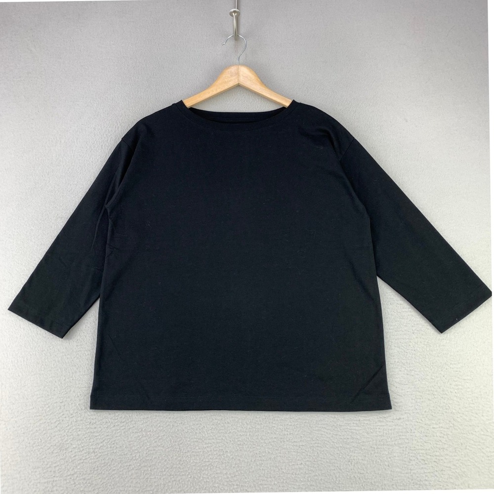 MUJI 3/4 Sleeve T-Shirt Women Size M Black Minimalist Cotton Blend Crew Neck Top